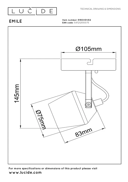 Lucide EMILE - Plafondspot - Ø 10,5 cm - 1xGU10 - Mat Goud / Messing - technisch